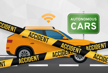 Autonomous car accident,  risk of self-driving car, robotic car vector illustration - 116694090