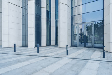 Empty brick floor with modern building in Shanghai