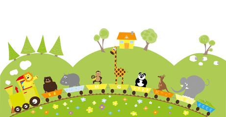 Cartoon train with funny, nice wild animals and rural background with hills, trees, sheeps