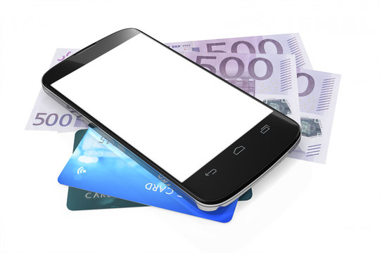 smartphone, euro notes and credit cards for mobile payment