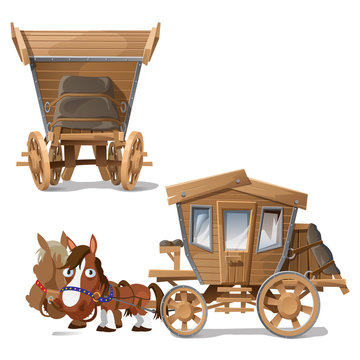 Wooden coach pulled by horses, two perspectives