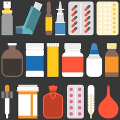 Medicine collection set 2. Bottles, tablets, capsules, sprays and equipment, flat design