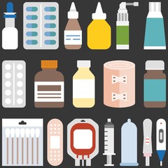 Medicine collection set 1. Bottles, tablets, capsules, sprays and equipment, flat design
