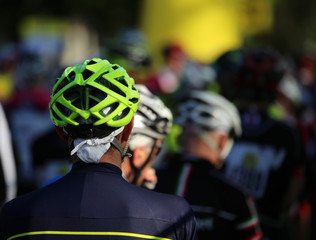 Cyclist safety helmet during the start of the race