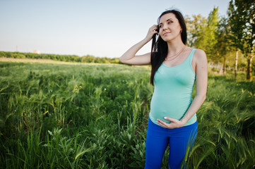 Beautiful brunette pregnant woman at wreath field