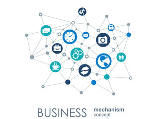 Business mechanism concept. Abstract background with connected gears and icons for strategy, service, analytics, research, seo, digital marketing, communicate concepts. Vector infographic illustration