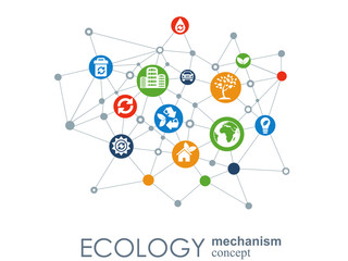 Ecology mechanism concept. Abstract background with connected gears and icons for eco friendly, energy, environment, green, recycle, bio and global concepts. Vector infographic illustration.