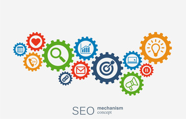 SEO mechanism concept. Abstract background with integrated gears and icons for strategy, digital, internet, network, connect, analytics, social media and global concepts. Vector infographi