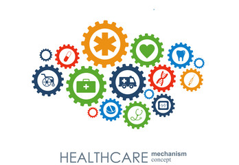 Healthcare mechanism concept. Abstract background with connected gears and icons for medical, health, strategy, care, medicine, network, social media and global concepts. Vector infographic.
