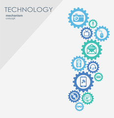 Technology mechanism concept. Abstract background with integrated gears and icons for digital, strategy, internet, network, connect, communicate, social media and global concepts. Vector infographic.