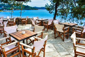 Greek tavern in Skiathos with view over the blue sea