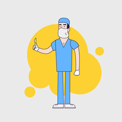 Vector character of surgeon in medical uniform. Doctor in professional clothes,mask and hat. Surgeon holds scalpel. Flat line style design.