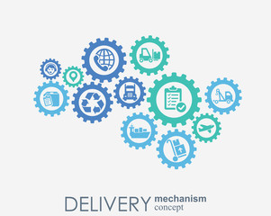 Delivery mechanism concept. Abstract background with connected gears and icons for logistic, service, strategy, shipping, distribution, transport, market, communicate concepts. Vector interactive.