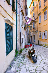 Fototapeta na wymiar Old narrow streets of Corfu Town, Kerkyra, Greece