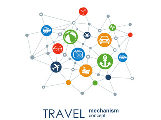 Travel mechanism. Abstract background with connected gears and integrated flat icons. Connected symbols for money, card, bank. Vector interactive illustration