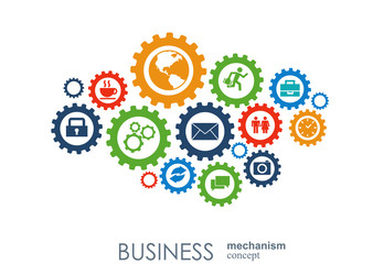 Business mechanism concept. Abstract background with connected gears and icons for strategy, service, analytics, research, seo, digital marketing, communicate concepts. Vector infographic illustration