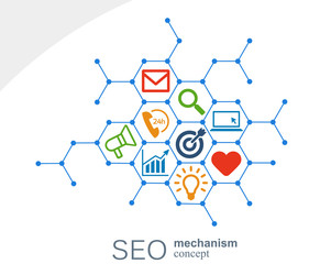 SEO mechanism concept. Abstract background with integrated gears and icons for strategy, digital, internet, network, connect, analytics, social media and global concepts. Vector infographi.