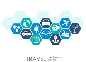 Travel mechanism. Abstract background with connected gears and integrated flat icons. Connected symbols for money, card, bank. Vector interactive illustration