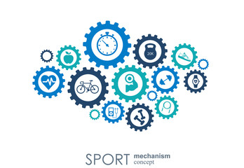 Sport mechanism concept. Football, basketball, volleyball, ball concepts. Abstract background with connected objects. Vector illustration.