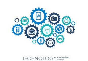 Obraz premium Technology mechanism concept. Abstract background with integrated gears and icons for digital, strategy, internet, network, connect, communicate, social media and global concepts. Vector infographic.