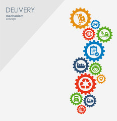 Delivery mechanism concept. Abstract background with connected gears and icons for logistic, service, strategy, shipping, distribution, transport, market, communicate concepts. Vector interactive.