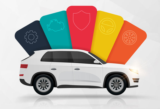 Car infographics design template with charts and elements, bright flat color automotive vector illustration