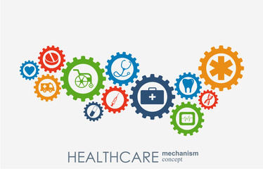 Healthcare mechanism concept. Abstract background with connected gears and icons for medical, health, strategy, care, medicine, network, social media and global concepts. Vector infographic.