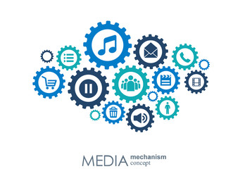 Media mechanism concept. Growth abstract background with integrated meta balls, integrated icon for digital, strategy, internet, network, connect, communicate, technology, global concepts.