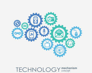 Technology mechanism concept. Abstract background with integrated gears and icons for digital, strategy, internet, network, connect, communicate, social media and global concepts. Vector infographic.