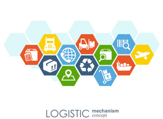 LOGISTIC mechanism concept. distribution, delivery, service, shipping, logistic, transport, market concepts. Abstract background with connected objects. Vector illustration.
