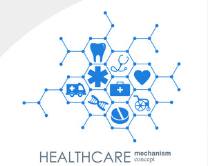 Healthcare mechanism concept. Abstract background with connected gears and icons for medical, health, strategy, care, medicine, network, social media and global concepts. Vector infographic.