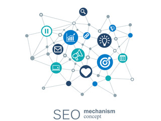 SEO mechanism concept. Abstract background with integrated gears and icons for strategy, digital, internet, network, connect, analytics, social media and global concepts. Vector infographi?.