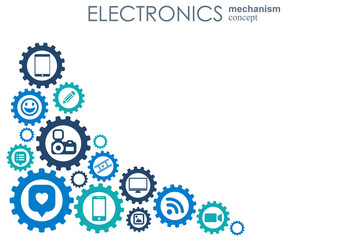 Electronics mechanism. Abstract background with connected gears and integrated flat icons. Connected symbols for laptop, monitor, phone. Vector interactive illustration