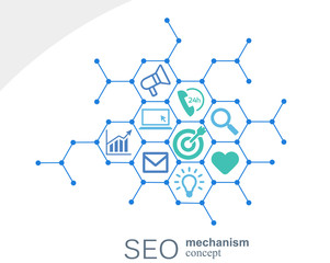 SEO mechanism concept. Abstract background with integrated gears and icons for strategy, digital, internet, network, connect, analytics, social media and global concepts. Vector infographi.
