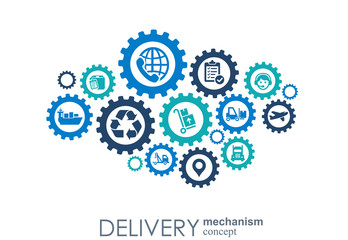Delivery mechanism concept. Abstract background with connected gears and icons for logistic, service, strategy, shipping, distribution, transport, market, communicate concepts. Vector interactive.