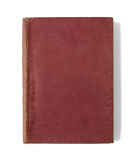 A single old hardback book with a red cover isolated on a white background