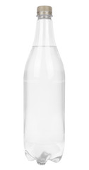 A clear plastic bottle full of water, isolated on a white background