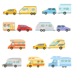 Colorful Rv Minivan With Trailer Set Of Icons