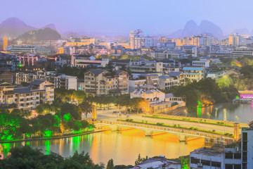 Landscape of Guilin, Li River and Karst mountains. Located near Yangshuo County, Guangxi Province, China