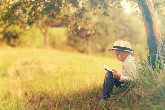  boy reading a book under a tree