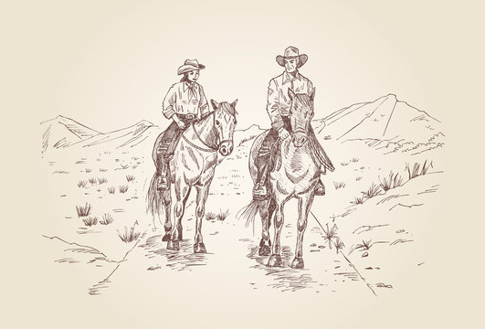 Hand drawn cowboys riding horses in desert