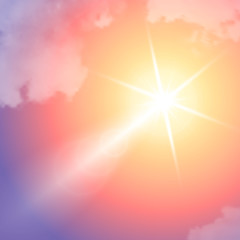 Realistic sun flare with clouds on blue sky.