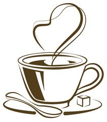 Hot coffee cup with piece of sugar