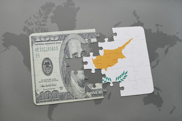 puzzle with the national flag of cyprus and dollar banknote on a world map background.
