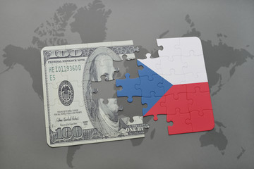puzzle with the national flag of czech republic and dollar banknote on a world map background.