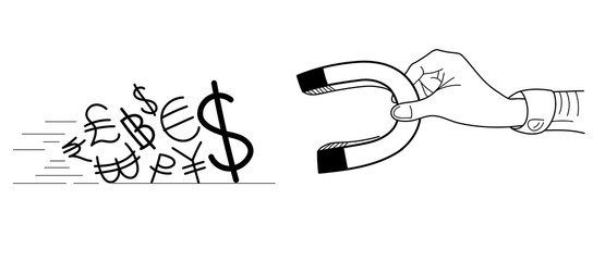 World Currency Icon Sliding with a Hand Holding Magnet, Profit Concept