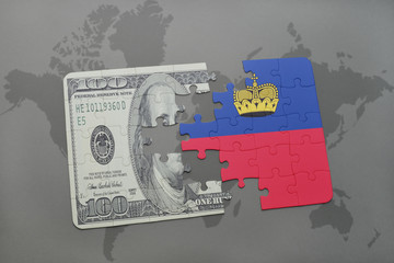 puzzle with the national flag of liechtenstein and dollar banknote on a world map background.