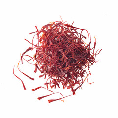 Naklejka premium Top View of Red Saffron Threads on White Background Shot in Studio