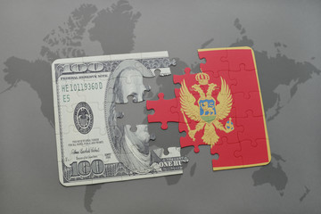puzzle with the national flag of montenegro and dollar banknote on a world map background.