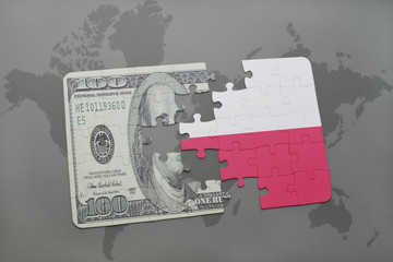 puzzle with the national flag of poland and dollar banknote on a world map background.